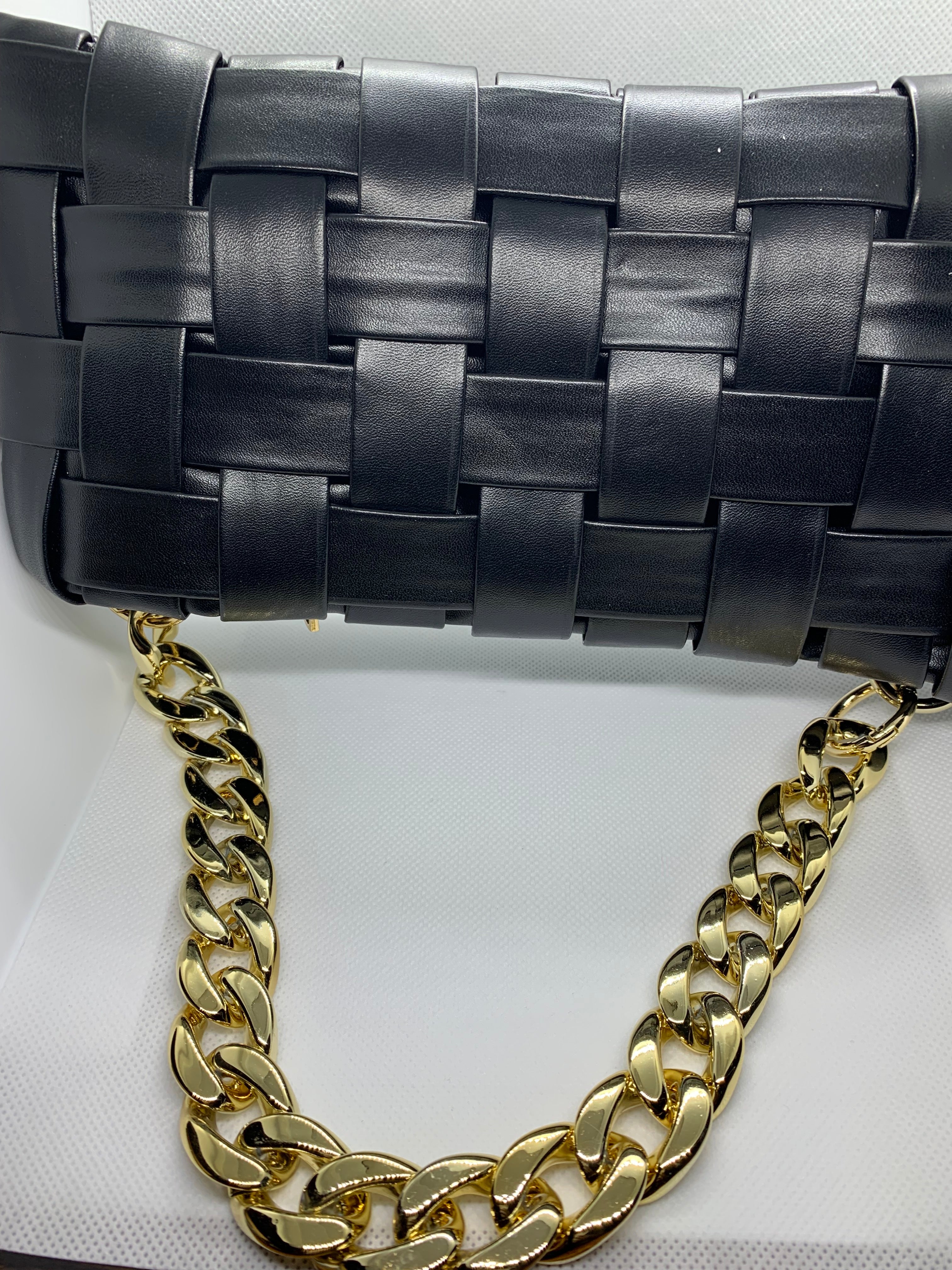 Weave Leather Bag with Gold Chain